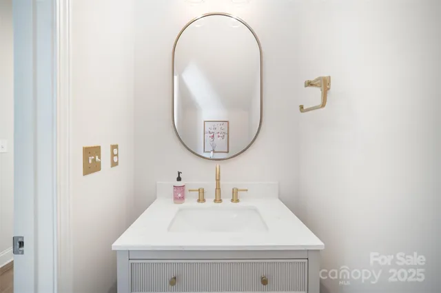 a bathroom with a sink a mirror and a shower