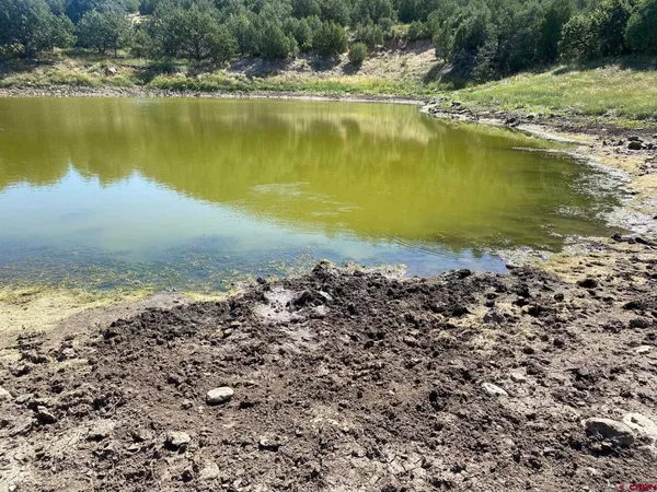 an aerial view of ocean and residential houses with outdoor space