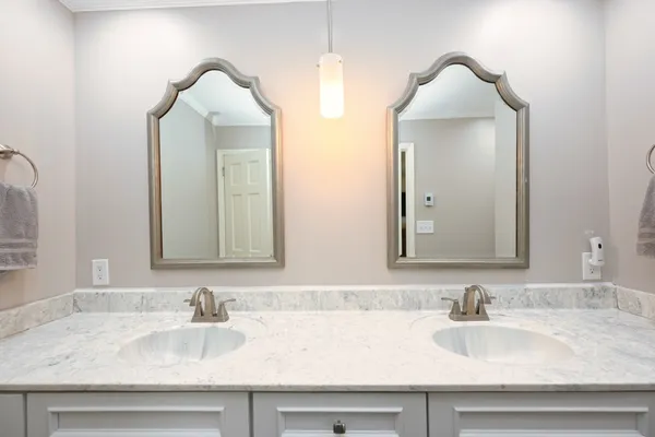 a bathroom with a double vanity sink mirror and double