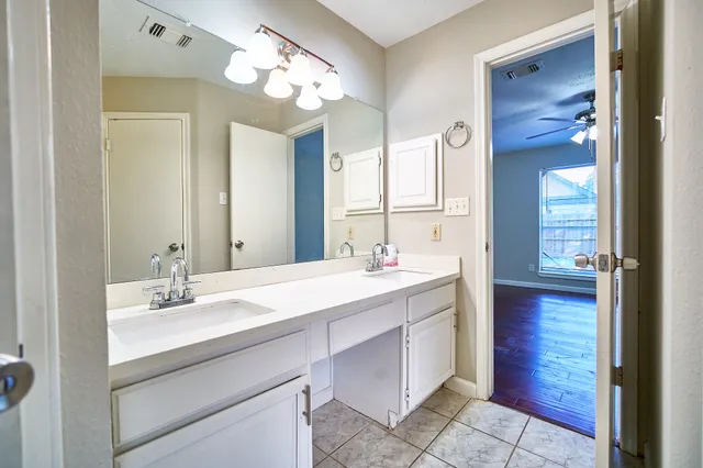 a bathroom with a sink vanity and a mirror