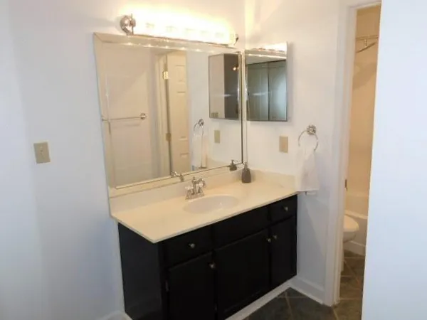 a bathroom with a sink vanity and mirror