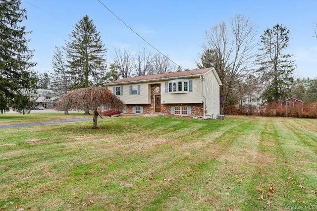 a view of a house with backyard and a tree