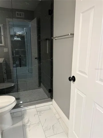 a bathroom with a shower and toilet