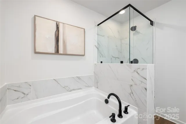 a bathroom with a bathtub and a shower