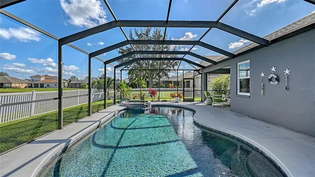 a aerial view of a house with a garden and swimming pool