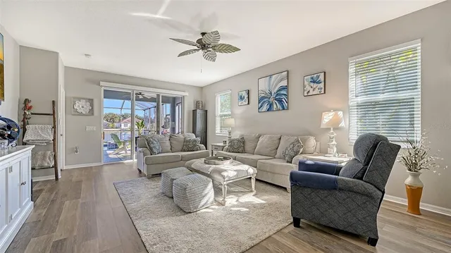 a living room with furniture ceiling fan and a rug