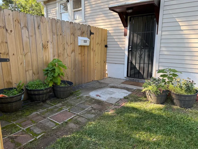 a view of a backyard with potted plants