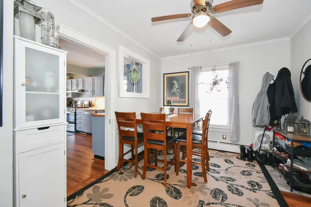 a view of a dining room with furniture