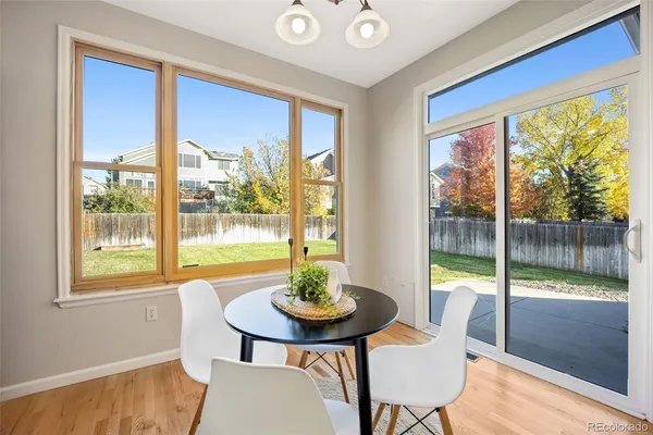 a view of a dining room with furniture window and outside view