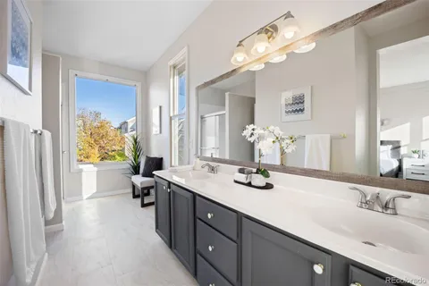 a bathroom with a sink double vanity granite and a mirror