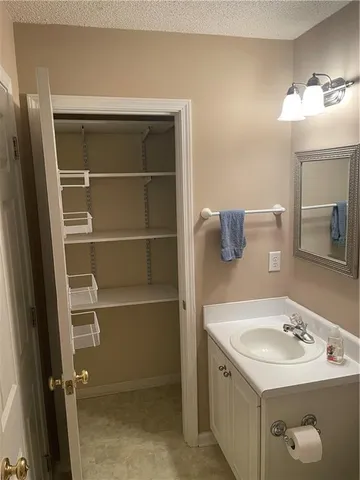 a bathroom with a sink vanity and a mirror