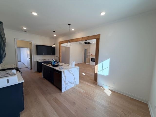 2939 Brighton-Clopton Road Brighton, TN 38011 - Photo 8 of 23 Kitchen featuring dark cabinetry, a fireplace, an island with sink, light wood-style flooring, and recessed lighting