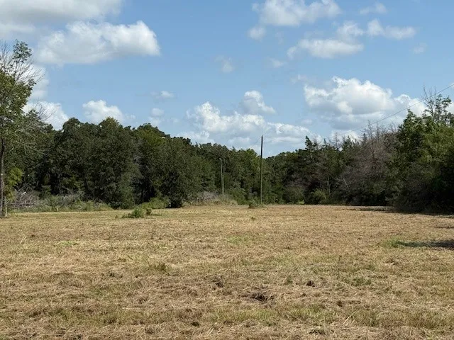 a view of dirt field with trees in background