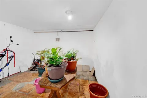 a dining room with furniture and potted plant