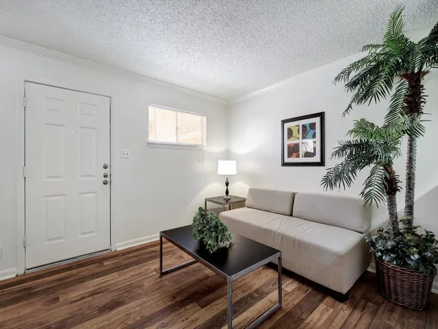 a living room with furniture and a potted plant