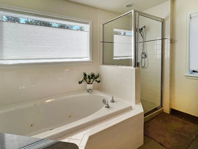 a bathroom with a bathtub and a shower