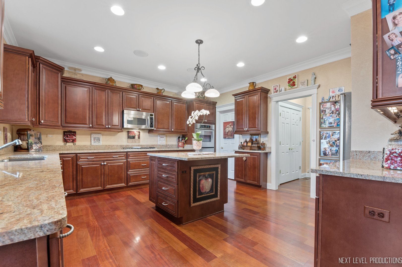 1787 Rizzi Lane Bartlett, IL 60103 - Photo 12 of 47 a kitchen with kitchen island granite countertop wooden floors stainless steel appliances a sink a counter top space cabinets and wooden floor