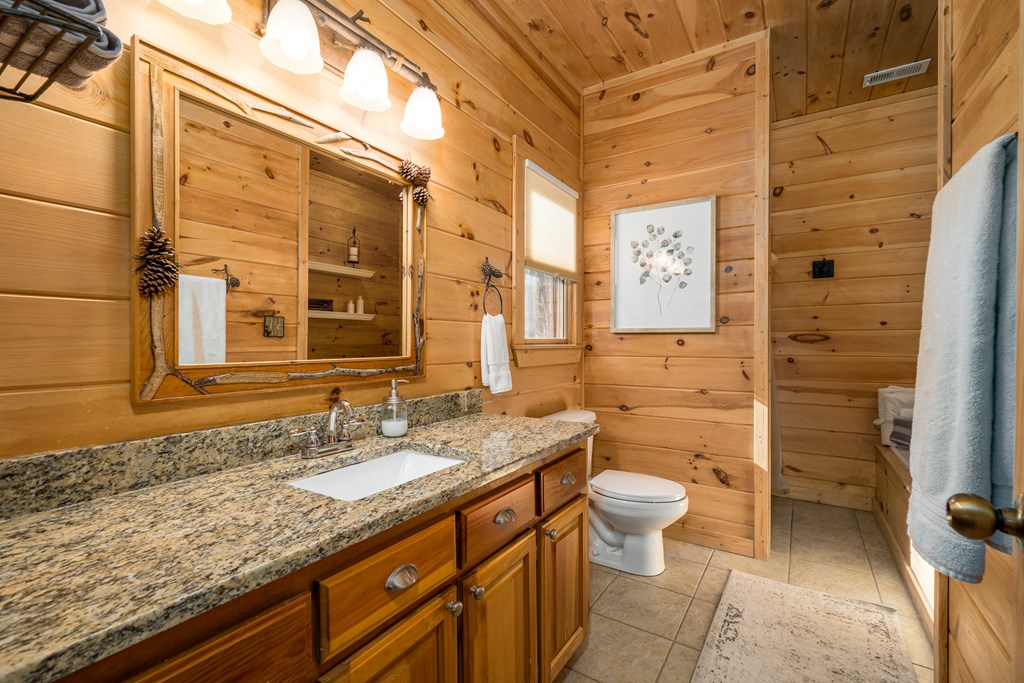 165 Christian Crossing Morganton, GA 30560 - Photo 37 of 57 a bathroom with a granite countertop sink toilet and shower