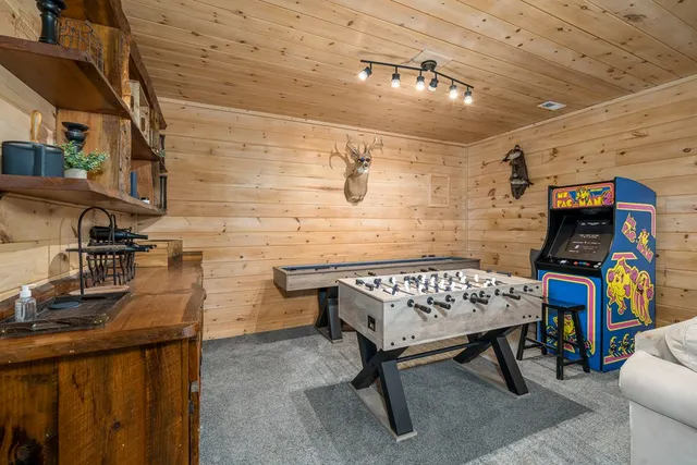 a view of a porch with wooden floor
