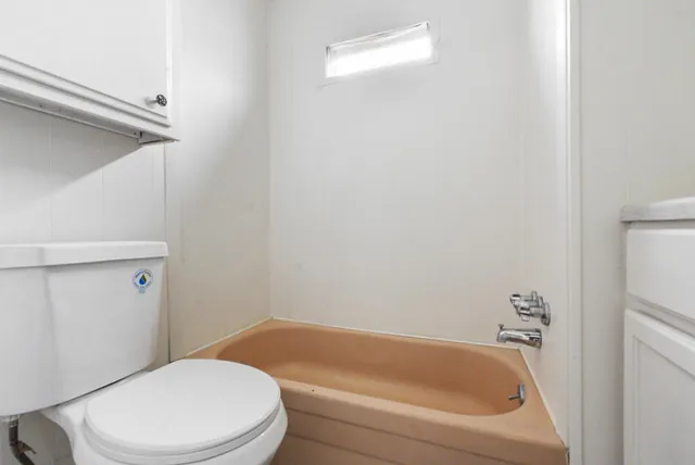 a bathroom with a toilet and bathtub