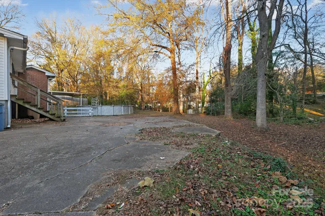 a view of a backyard with large trees
