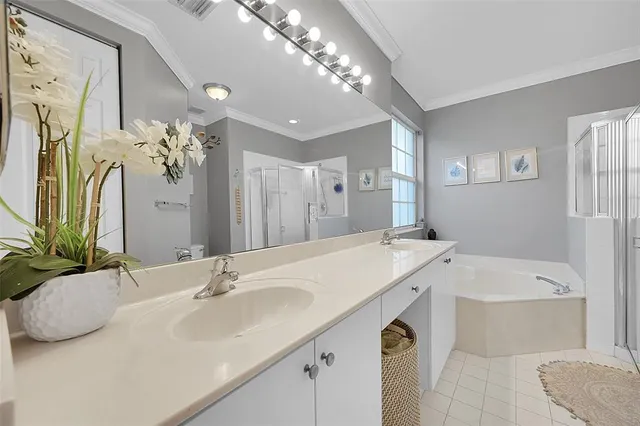 a bathroom with a double vanity sink mirror and bathtub