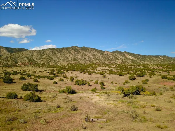 a view of a field with mountains in the background