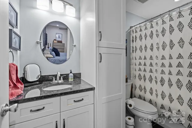 a bathroom with a granite countertop toilet sink and mirror