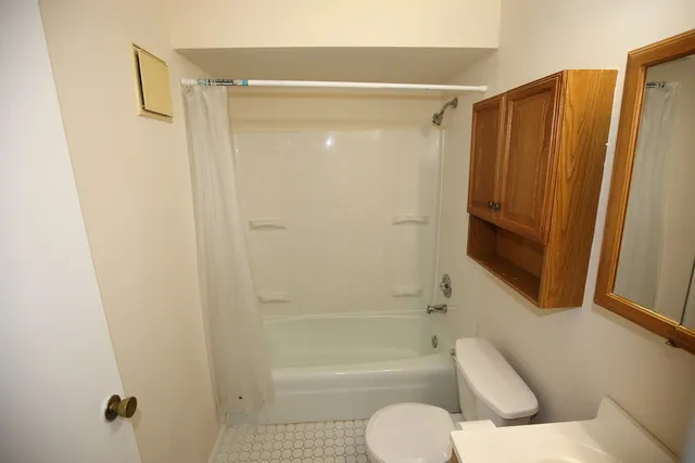a bathroom with a shower curtain and a toilet