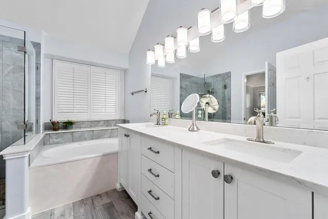a bathroom with a double vanity sink bathtub and a mirror