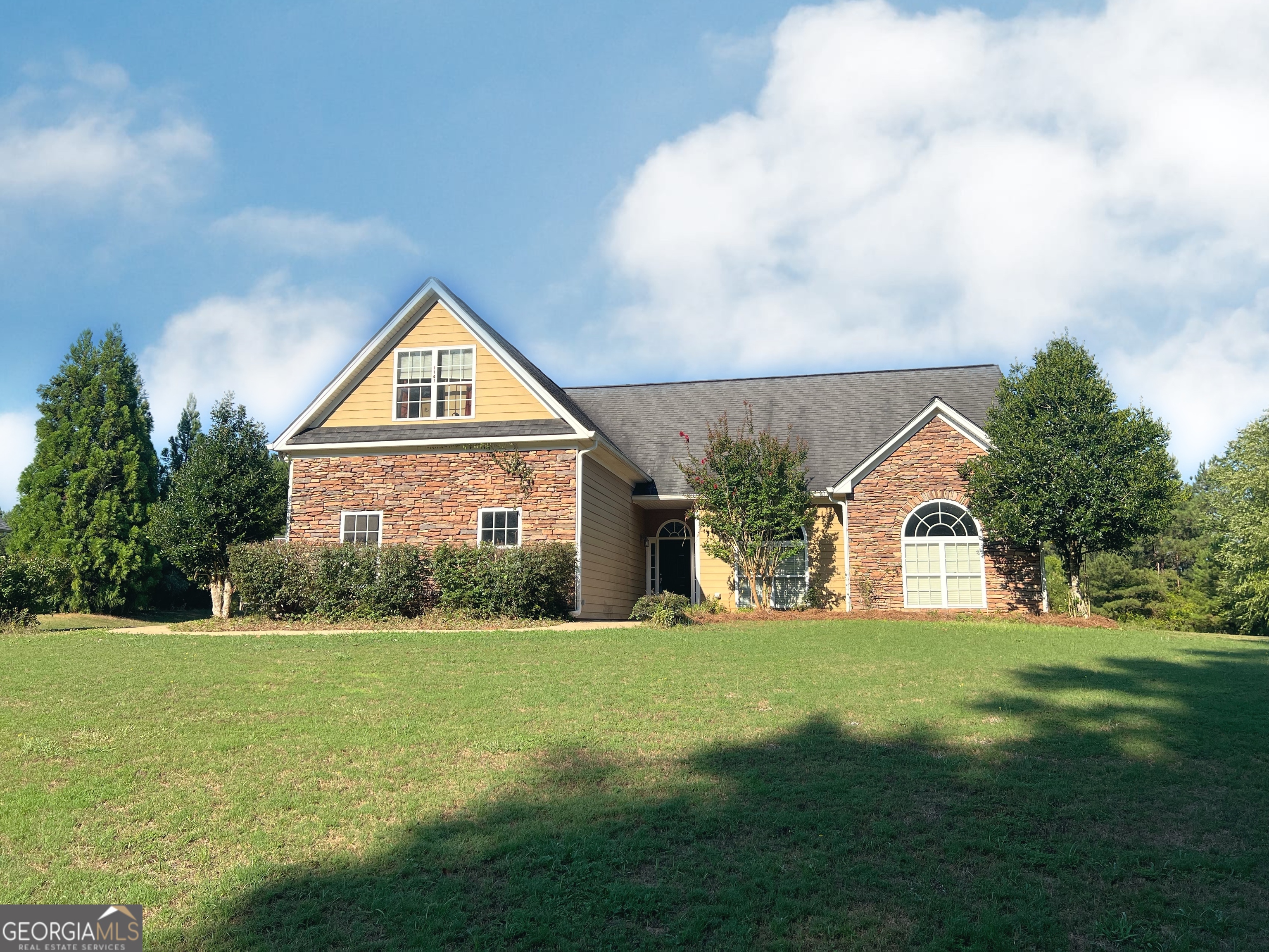 a front view of house with yard and green space