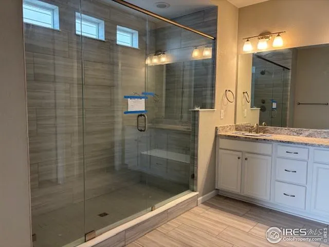 a bathroom with a shower and a sink