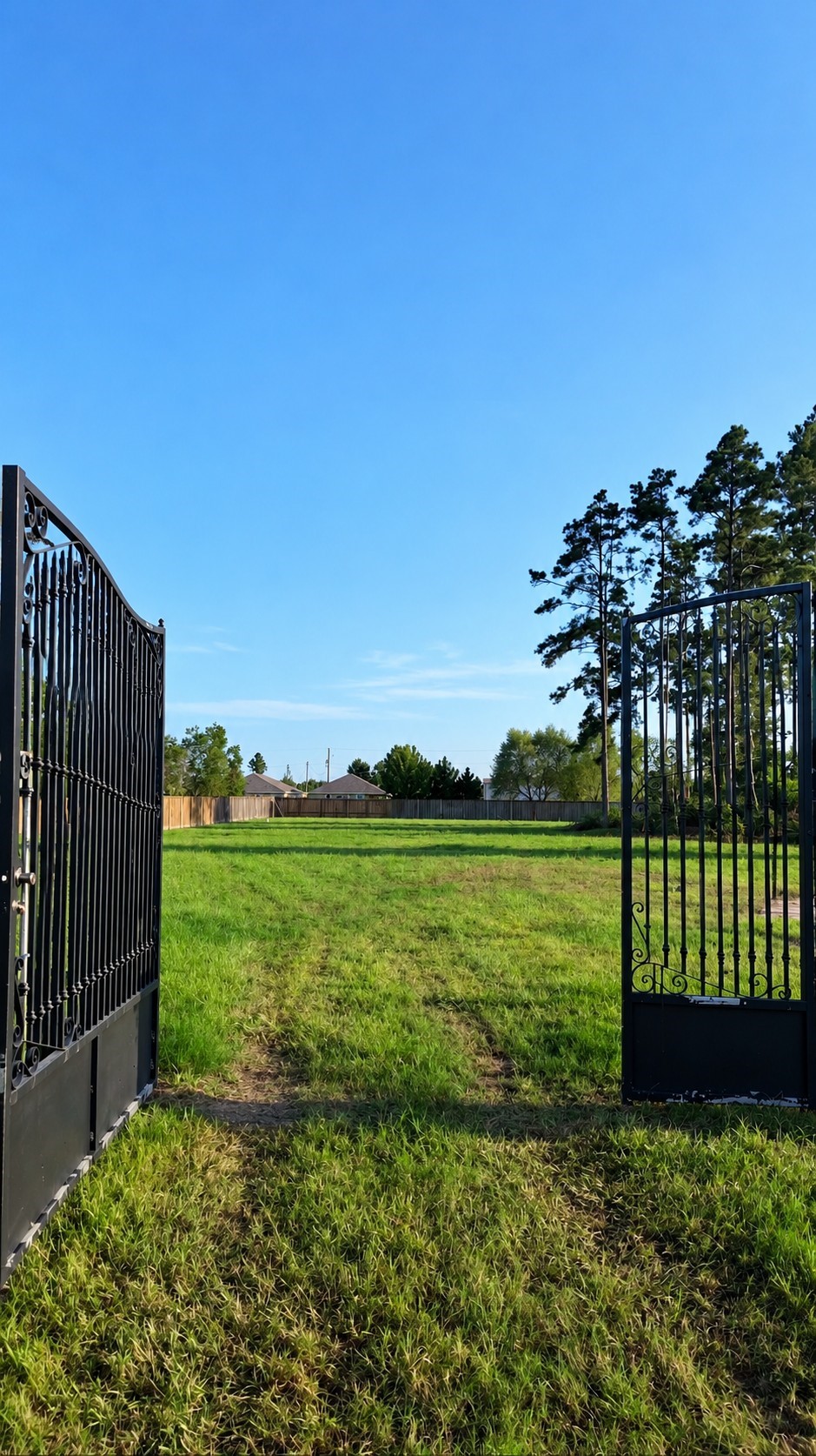 1229 County Road 5100 Road Cleveland, TX 77327 - Photo 5 of 16 Expansive open lot with lush green grass, framed by elegant wrought-iron gates, perfect for building your dream home.