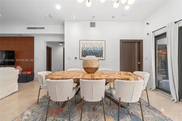 a view of a dining room with furniture wooden floor and chandelier