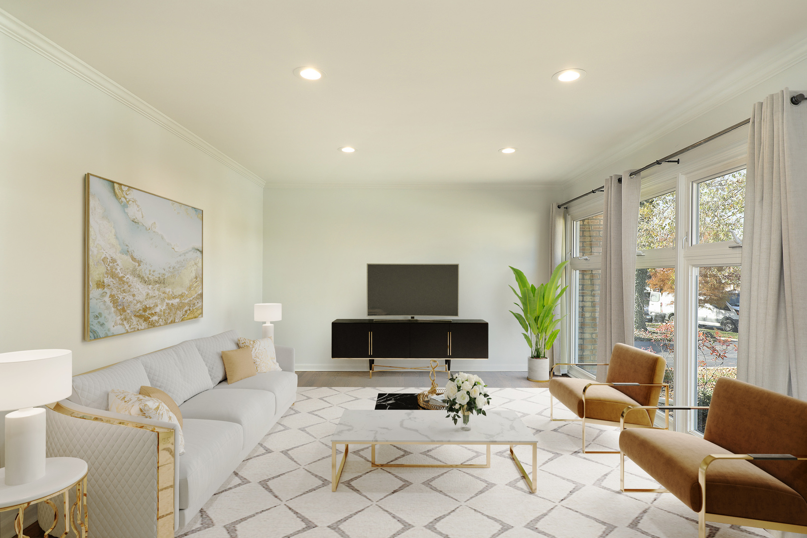 1913 Milton Avenue Northbrook, IL 60062 - Photo 3 of 24 a living room with furniture a flat screen tv and a floor to ceiling window
