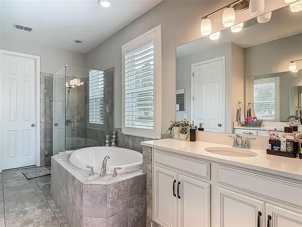 a bathroom with a tub a sink double vanity and a mirror