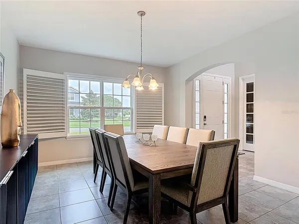 a view of a dining room with furniture window and outside view