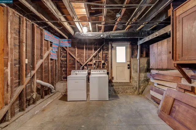 a view of a storage room with a refrigerator
