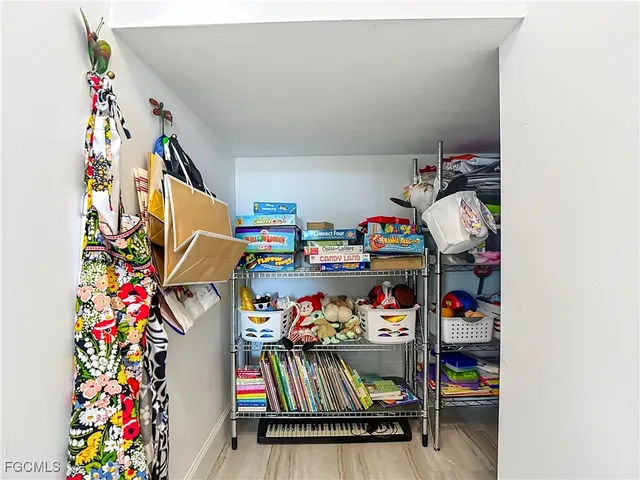 a view of a room with racks on the wall