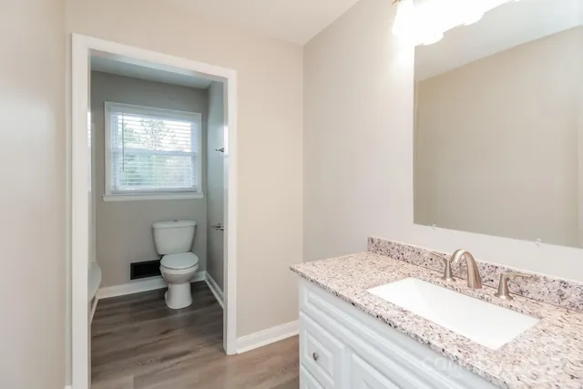 a bathroom with a granite countertop sink and a mirror