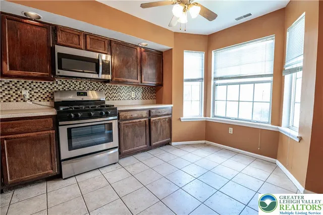 a kitchen with stainless steel appliances a stove a sink and a microwave