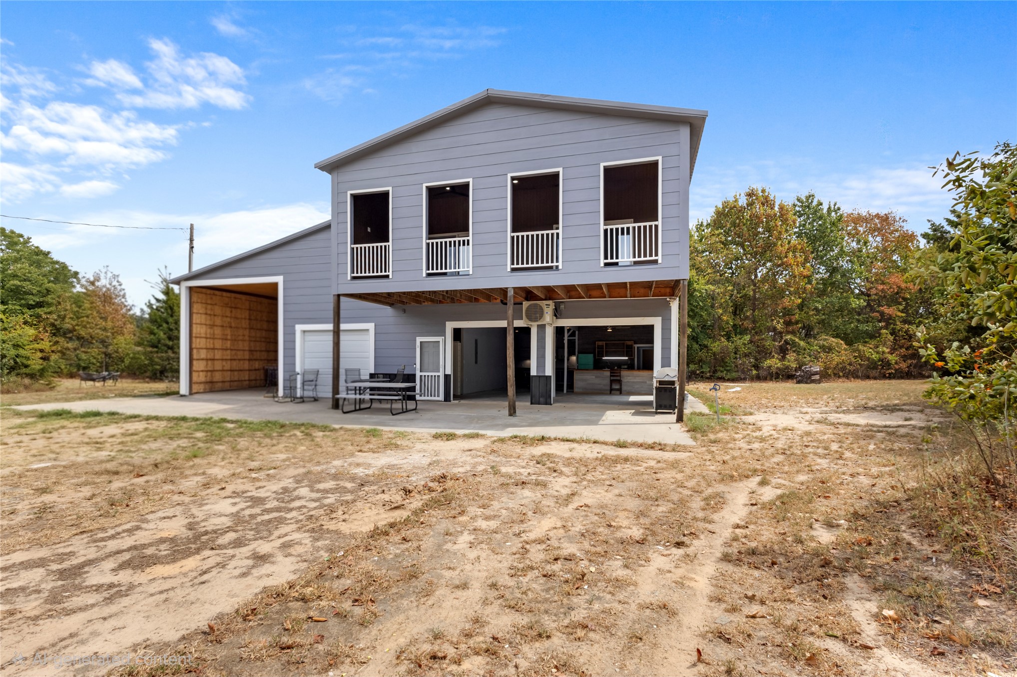 116781 4207th Road Eufaula, OK 74432 - Photo 8 of 55 Two-story structure with a covered patio, multiple upper-level balconies, an attached open bay, and a paved outdoor area