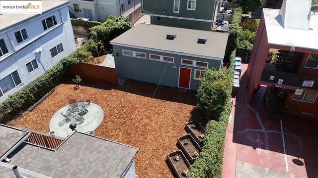 an aerial view of a backyard