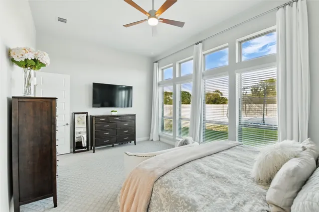 a bedroom with a bed and a cabinets