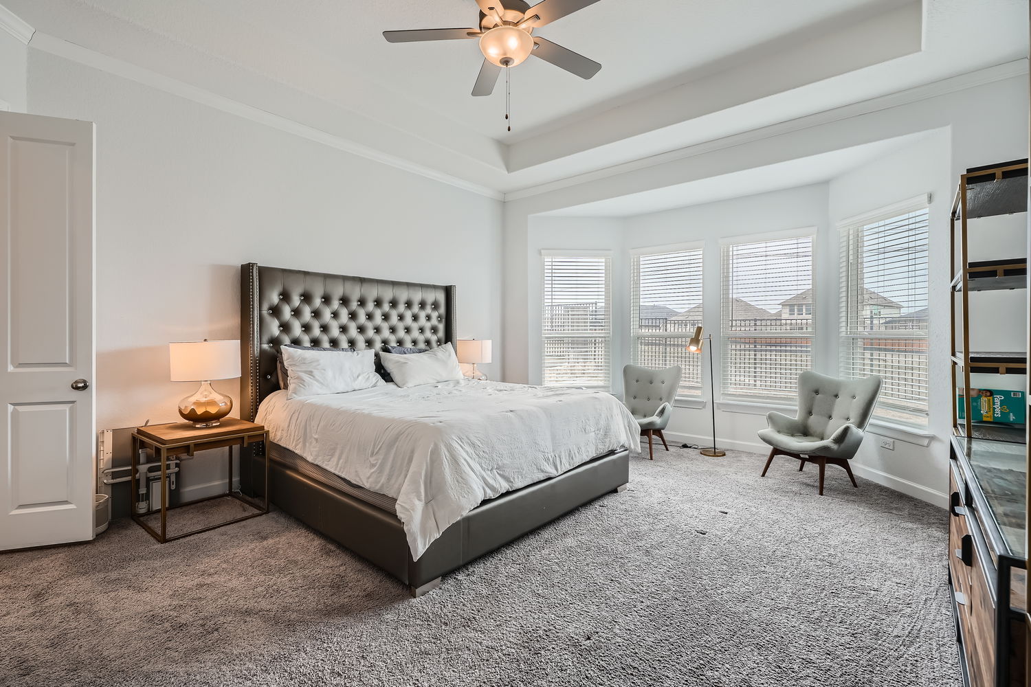 582 Wild Pecan Loop Buda, TX 78610 - Photo 12 of 28 Bedroom featuring crown molding, dark colored carpet, ceiling fan, and a tray ceiling