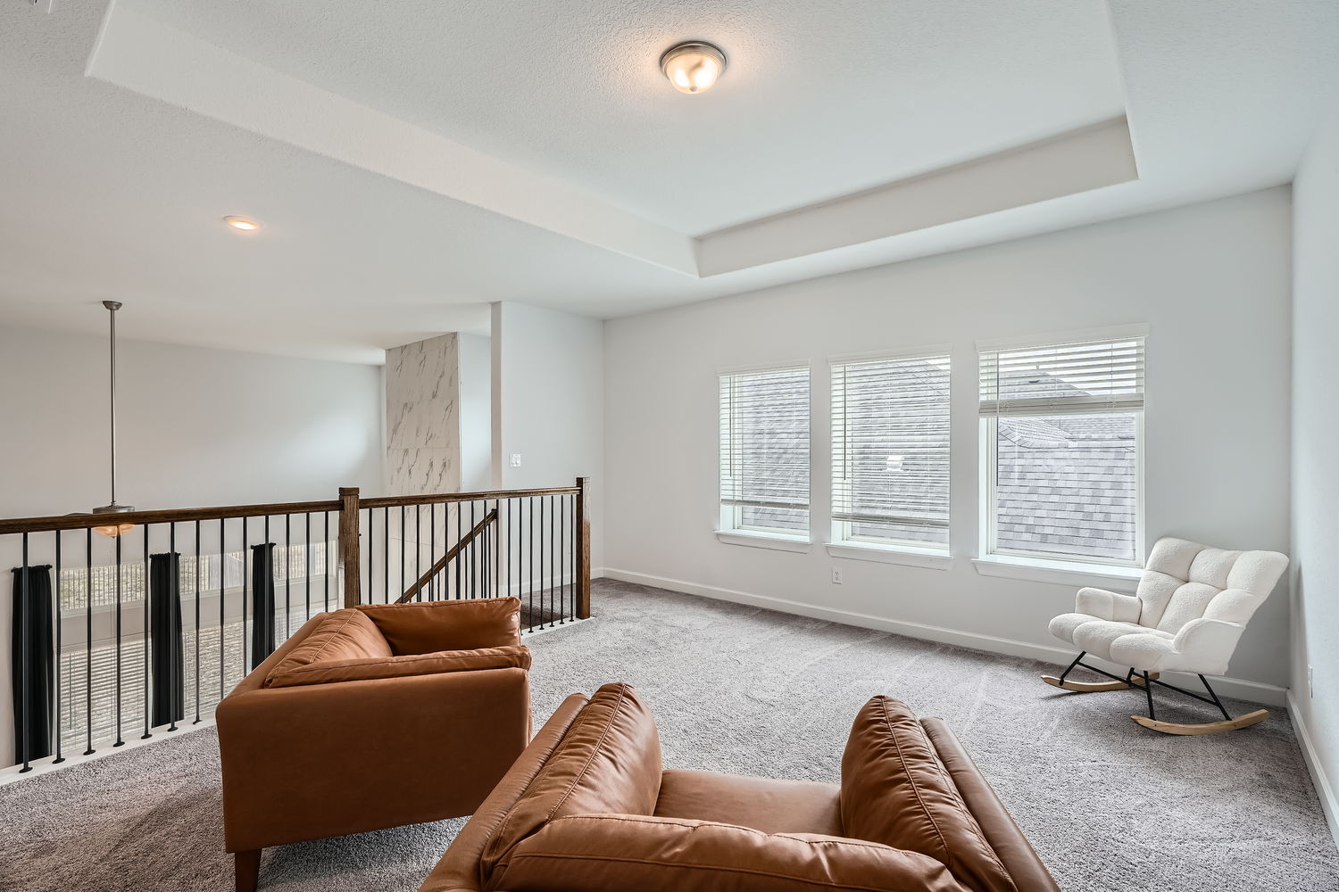 582 Wild Pecan Loop Buda, TX 78610 - Photo 23 of 28 Sitting room with carpet floors, a raised ceiling, and an upstairs landing