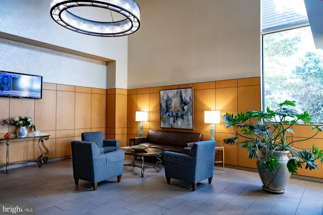 a living room with furniture a floor to ceiling window and a potted plant