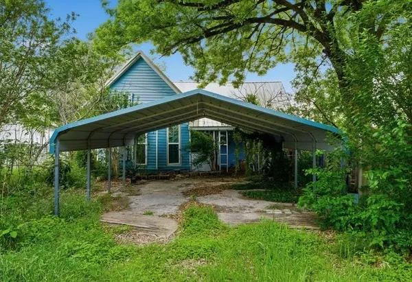 a view of a house with a yard plants and large tree
