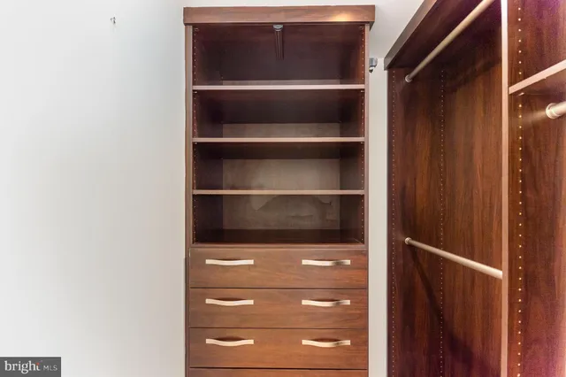 a view of walk in closet with empty racks