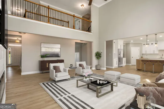 a living room with furniture and a table